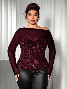 Cravure Nuova maglia a maniche lunghe da donna alla moda, aderente, con paillettes colorate e contrasto in rete trasparente - Bordò - Visualizzare 3