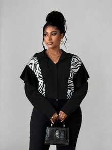 Maweii Plus Size Autumn Casual Patchwork Zebra Print Ruffle Trim Front Button Shirt - Black - View 2