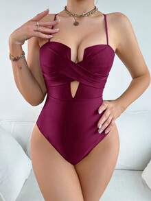 Swim Lushoire 2025 Women One-Piece Solid Color Slim Fit Hollow Out Fashionable One-Piece Swimsuit - Burgundy - View 5