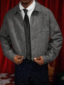 PAVTROS Manfinity Streetrush Men's Street-Style Popular INS Matching Men Jackets And Coats,Men's Casual Short Brown PU Leather Zip-Up Jacket, Autumn,Leather Jacket,Streetwear,Winter Jacket,Warm Winter Outfits, Christmas Outfits,Boy Friend Gifts Mens Cropped Jacket Work Jacket Cropped Men Jacket Cropped Zip Up Men Jacket Grey Jacket - Grey - View 4