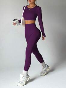 Gameset SHEIN Sport 女士纯色无缝高弹力短款上衣和紧身裤运动套装 - Bold Plum - 查看 2