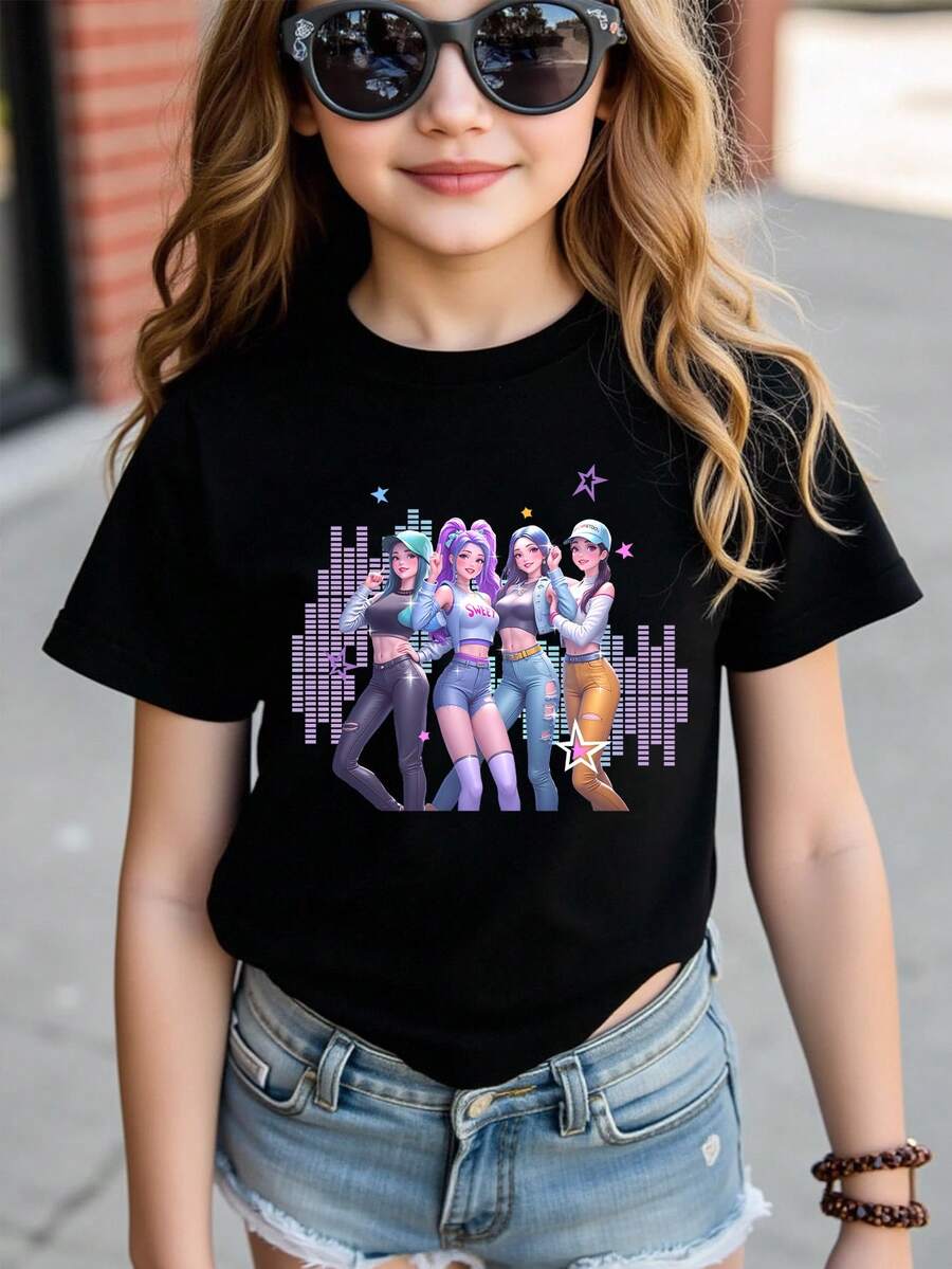 Explorewe Áo thun ngắn cơ bản in họa tiết ngôi sao năm cánh nhiều màu sắc, thoải mái, ấm áp, phong cách mùa thu, phù hợp cho mùa hè và mùa thu, áo thun - màu đen - Xem 1