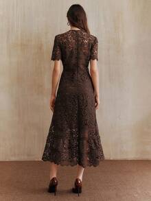 Anewsta Elegant Lace Patchwork Splice Coffee Short Sleeve Ruffle Splice Dress