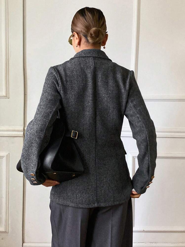Herringbone Wool Blend Blazer Jacket For Women, New Autumn/Winter Vintage Design Mid-Length Woolen Suit Coat