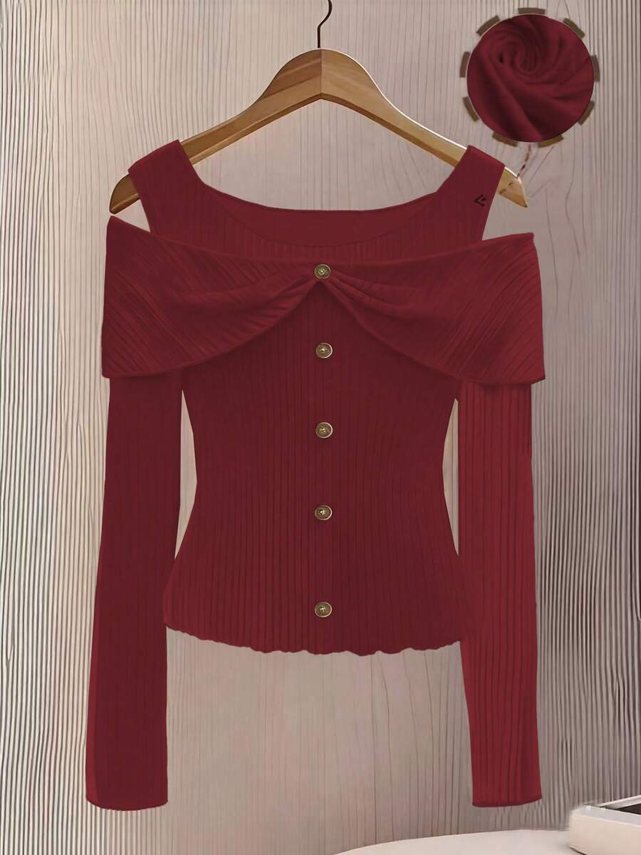 GlowEve Women's Elegant Off-Shoulder Button Decor Fitted Long Sleeve T-Shirt, Autumn - Rose Red - View 1