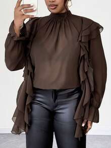 Maweii Plus Size Women's Stand Collar Ruffle Flare Sleeve Sheer Elegant Vintage Casual Holiday Party Blouse, Brown/Coffee - Brown - View 7