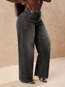 Slaydiva 大码女式宽松休闲牛仔心形口袋阔腿裤 - 淺灰色 - 查看 3