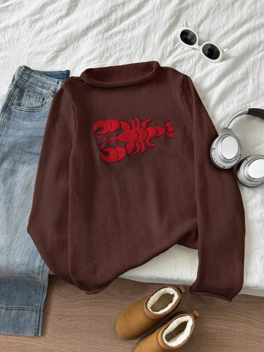 SHEIN Unity 女士Y2K休闲宽松袖口针织毛衣，饰有龙虾刺绣图案 - 咖啡棕 - 查看 1