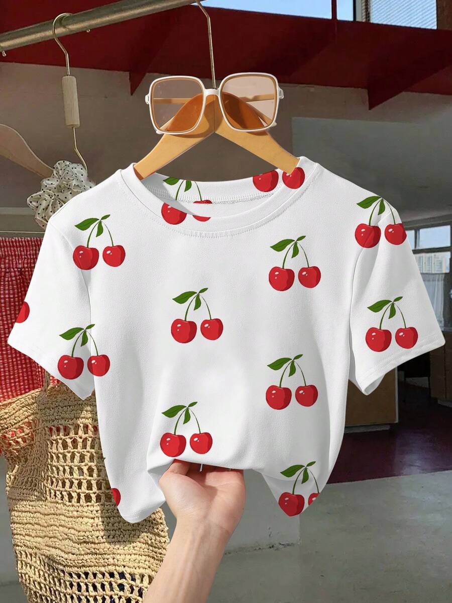 Resyla 女士休闲樱桃印花圆领短款T恤 - 白色 - 查看 1