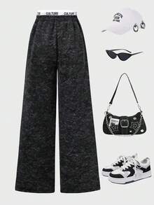 女士休闲宽松阔腿运动裤，适合秋冬日常休闲穿着 - 黑色 - 查看 2