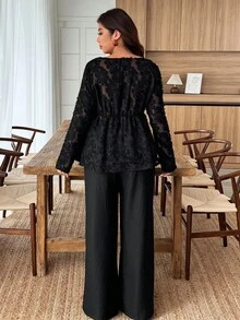 Breezaya 2pcs Plus Size Square Collar Ruffle Hem Top & Linen Fabric Pants Set, Autumn/Winter Fall - Black - View 2