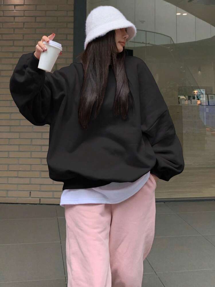Loose Fit Crew Neck Solid Color Thermal Lined Sweatshirt For Women Fall,Winter