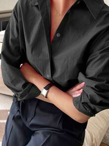 DAZY 女士纯色单排扣休闲日常长袖黑色衬衫