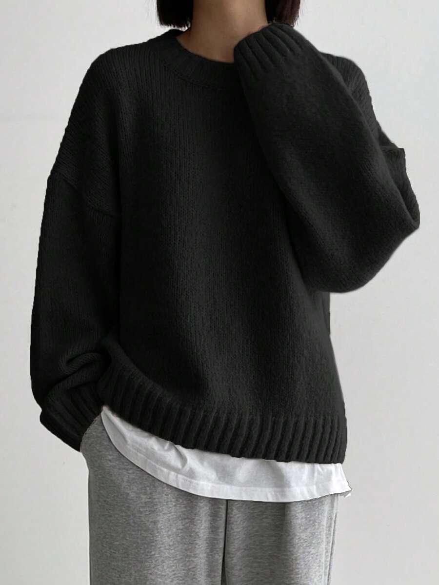 DAZY Solid Color Crew Neck Casual Long Sleeve Sweater,Long Sleeve Tops,Fall Women Clothes - Black - View 1