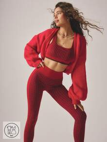 Aralina 休闲双色千鸟格提花无缝露脐上衣和侧条纹紧身裤两件套运动健身套装 - 紅色 - 查看 1