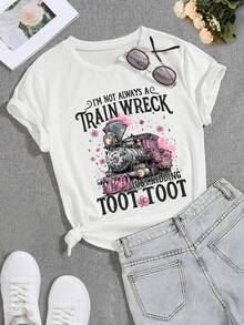 EMERY ROSE Plus Size Women's T-Shirt 'I'm Not Always A Train Wreck Just Kidding Toot' Sarcastic Train Graphic Tee Round-Neck Short Sleeve Top - White - View 3