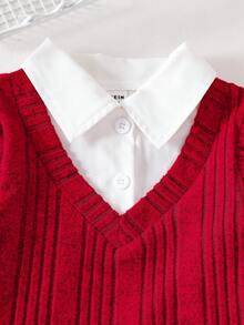 2pcs Baby Girls' Denim Set, Red Ribbed Ruffle Trim Long Sleeve Patchwork Shirt Collar Tee Paired With Cherry Embroidery Fake Pocket Jeans, Cute & Playful Style Suitable For Outdoor Play Or Casual Wear At Home - Red - View 8