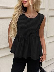 SHEIN LUNE 黑色无袖圆领荷叶边衬衫，适合日常休闲穿着，纯棉夏季上衣，100%纯棉，黑色无袖上衣，秋季上衣，休闲款。 - 黑色 - 查看 7