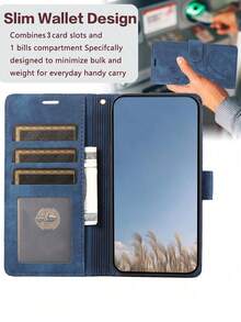 PU Leather Basic Drop-Proof Phone Case For Credit Card Holder, Flip Wallet Case - Blue - View 3