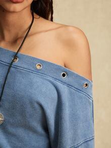 Easelle Women's Blue Oblique Shoulder Eyelet Design Long Sleeve Cropped Casual Sweatshirt - Dusty Blue - View 8