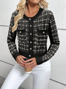 EMERY ROSE Áo khoác cardigan dệt kim đơn hàng khuy kim loại kẻ caro dành cho nữ, Thu/Đông - màu đen - Xem 6