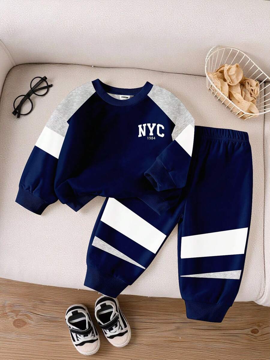 Bộ 2 bộ trang phục cho bé trai/trẻ sơ sinh và trẻ mới biết đi từ 0-3 tuổi, áo nỉ dài tay cổ tròn in chữ khối màu tương phản và quần dệt kim kẻ sọc in họa tiết chắp vá thoải mái, phù hợp cho mùa thu/đông, thường ngày, ngoài trời, cơ bản, thể thao - Nhiều màu - Xem 1
