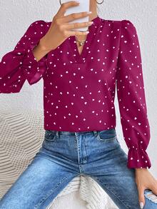 LanaWest 女士心形印花V领长袖时尚衬衫 - 玫紅色 - 查看 5