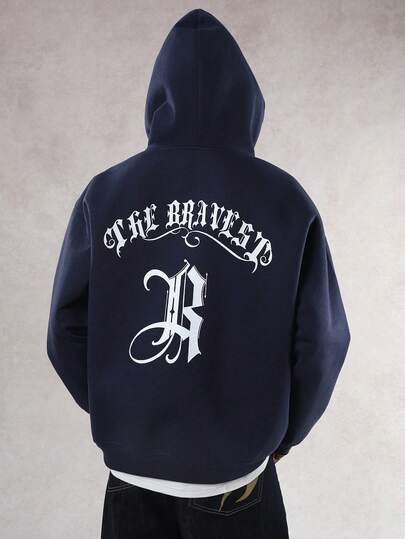 DAZY Gothic Letter Print Design Thick Streetwear Hoodie, Navy Blue For Men, Autumn/Winter