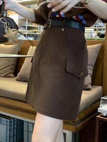 DAZY 女士纯色高腰工装口袋直筒休闲裙 - 棕色 - 查看 6