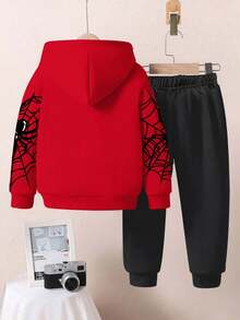 SHEIN 2 件套年轻男孩休闲时尚勇敢酷蜘蛛网印花宽松连帽运动衫套装，适合秋冬季 - 彩色 - 查看 3