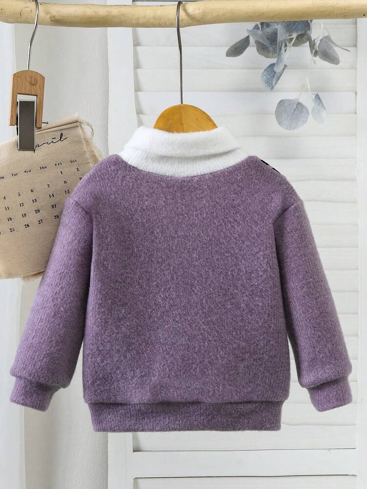 SHEIN 男婴V领二合一针织毛衣，高领针织套头衫，适合秋冬季 - 紫色 - 查看 2