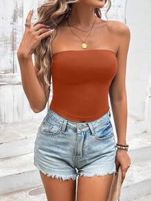 Sylviya Áo ống ôm sát màu trơn, kiểu dáng thường ngày dành cho nữ, thích hợp cho mùa hè và kỳ nghỉ. - Màu Cam cháy - Xem 5