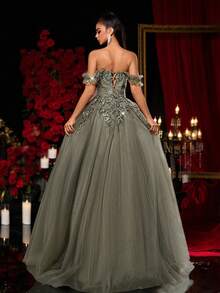 Glamrae Elegant Vanilla Green Off Shoulder Luxury 3D Applique Super Flared A-Line Dress With Adjustable Tie, Suitable For Dates, Singles Parties, Weddings, Vacations, Back To School, Photoshoots, Birthdays, Formal Occasions - Olive Green - View 4