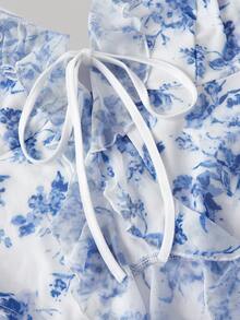 SHEIN MOD Áo kiểu cổ yếm màu trắng và xanh lãng mạn với họa tiết hoa, viền ren xếp nếp và hoa 3D, thích hợp cho nữ đi xem hòa nhạc, dự tiệc, đi chơi hoặc đi biển. - Xanh và trắng - Xem 5