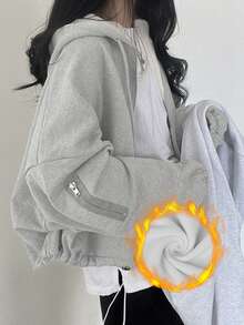 INAWLY Women's Grey Solid Color Zipper Hoodie With Pockets,Oversized Long Sleeve Casual Autumn Sweatshirt,Back-To-School Graduation Teacher School Tops - Light Grey - View 5
