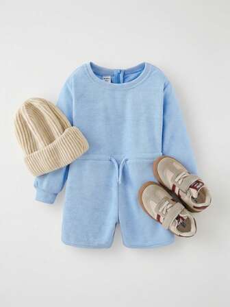 THE HAPPY LOOK Young Girl Blue Knitted Terry Cloth Waist Cinched Long Sleeve Casual Solid Color Jumpsuit, Autumn/Winter