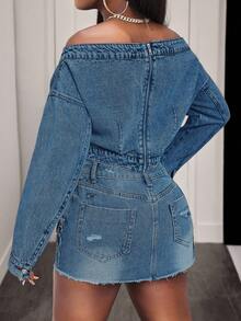 BamGleam Fashionable Casual Shoulder Denim Top For Women - Medium Wash - View 2