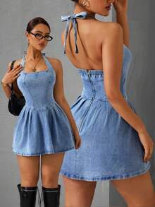 SHEIN Essnce Women's Pleated Short Halter Tie Front Denim Dress - Blue - View 1