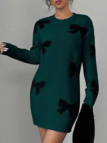 Elenzga Casual Bowknot Short Sweater Dress, Basic Autumn/Winter - Dark Green - View 6