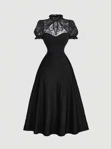 SHEIN MOD 女式优雅纯色蕾丝拼布中长连衣裙，夏季 - 黑色 - 查看 3