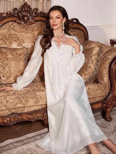 PalaceNights Geborduurde Neck Bowknot Loose Fit Mid Length Long Sleeve Women Nightgown, Fall view 6