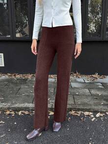 Elyressa Conjunto de suéter de unicolor y pantalones de pierna ancha con textura de cuerda retorcida para mujer, cómodo y casual, adecuado para otoño/invierno - Marrón - Ver 3