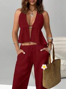SHEIN EZwear Women's Chiffon Halter Backless 2 Pieces Vacation Casual Set Pant Suit Summer Sets Casual Two Piece Set Women Summer 2 Pieces Sets Women Two Piece Vacation Set Comfortable Two Piece Set 2 Piece Vacation Set Women - Burgundy - View 3