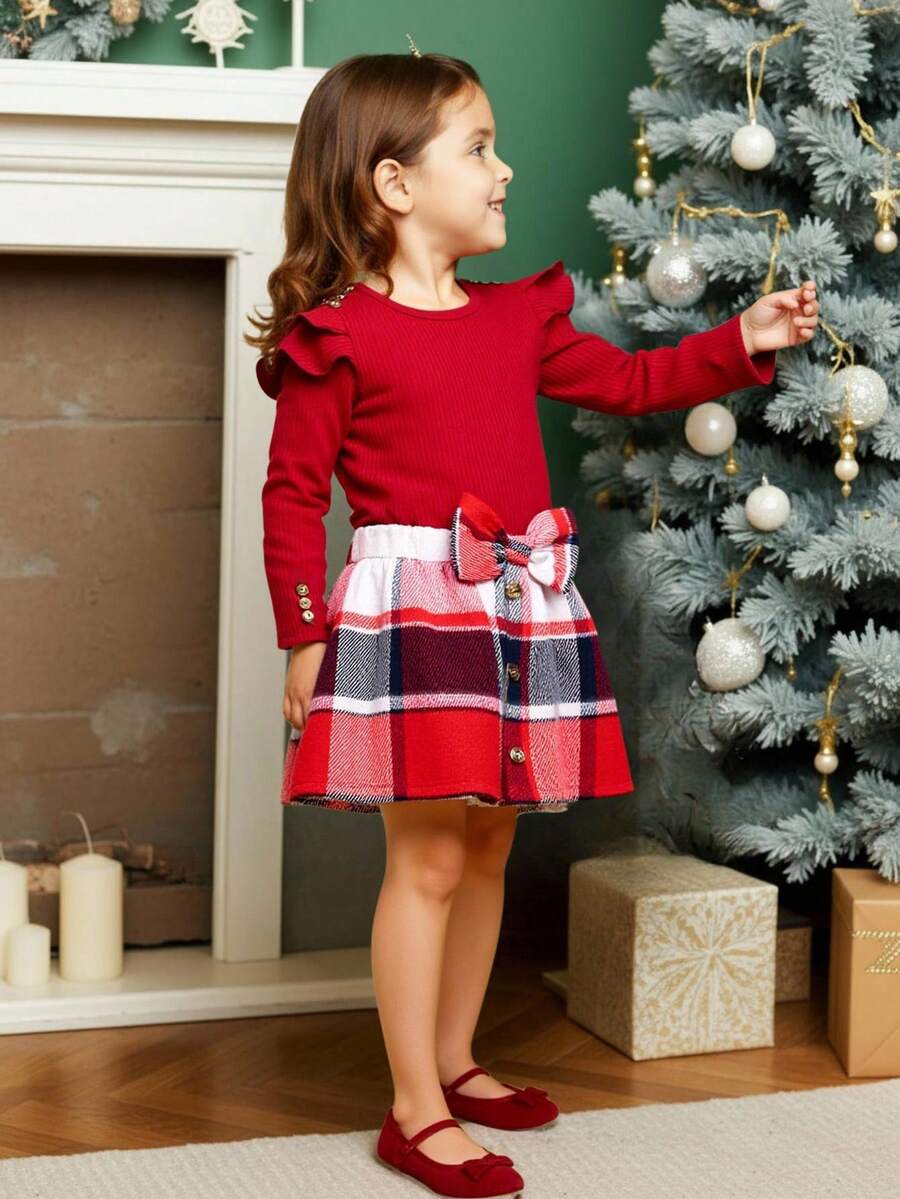SHEIN 2pcs/Set Young Girl Ruffle Trim Red Long Sleeve T-Shirt And Plaid Butterfly Print Skirt Girls Red And Plaid Sets Red Kids Dress Girl Plaid Dress Red Skirts Sets Little Kids Girls Dress Winter - Burgundy - View 1