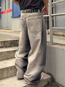 ROMWE MEN Street Life Quần jean ống rộng thêu hoa thời trang đường phố thoải mái cho nam - Xám - Xem 2