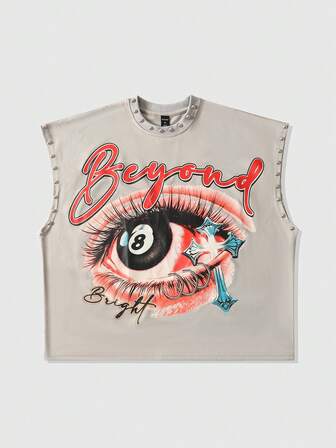 Street Life Canotta smanicata da uomo con stampa di rivetti e motivo ad occhio, vestibilità ampia