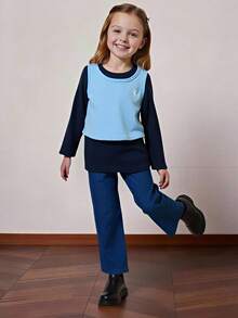 PrepCrw 三件套少女优雅都市学院风藏蓝色长袖针织上衣、蓝色背心和裤子套装，适合休闲外出、聚会、节日、派对、秋冬季穿着。 - 藍色 - 查看 9