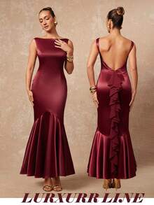 Lumalex Vestido feminino elegante de cor sólida com decote nas costas e barra em cauda de sereia. - Borgonha - Ver 5