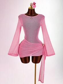 Amplova Rochie mini pentru femei, cu mânecă lungă, confortabilă, cu guler înalt, rochie mini sexy fără spate, potrivită pentru picnicuri de primăvară și drumeții - Galben de gâscă - Vizualizare 9