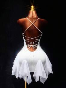 Amplova Váy ngắn hở lưng lưới trắng chắp vá cho nữ, viền lưới, thích hợp cho các buổi hẹn hò, trang phục ngày lễ tình nhân, chân váy bồng bềnh - trắng - Xem 3